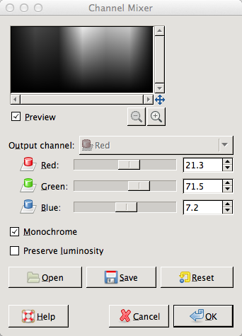 GIMP Channel mixer luminosity values